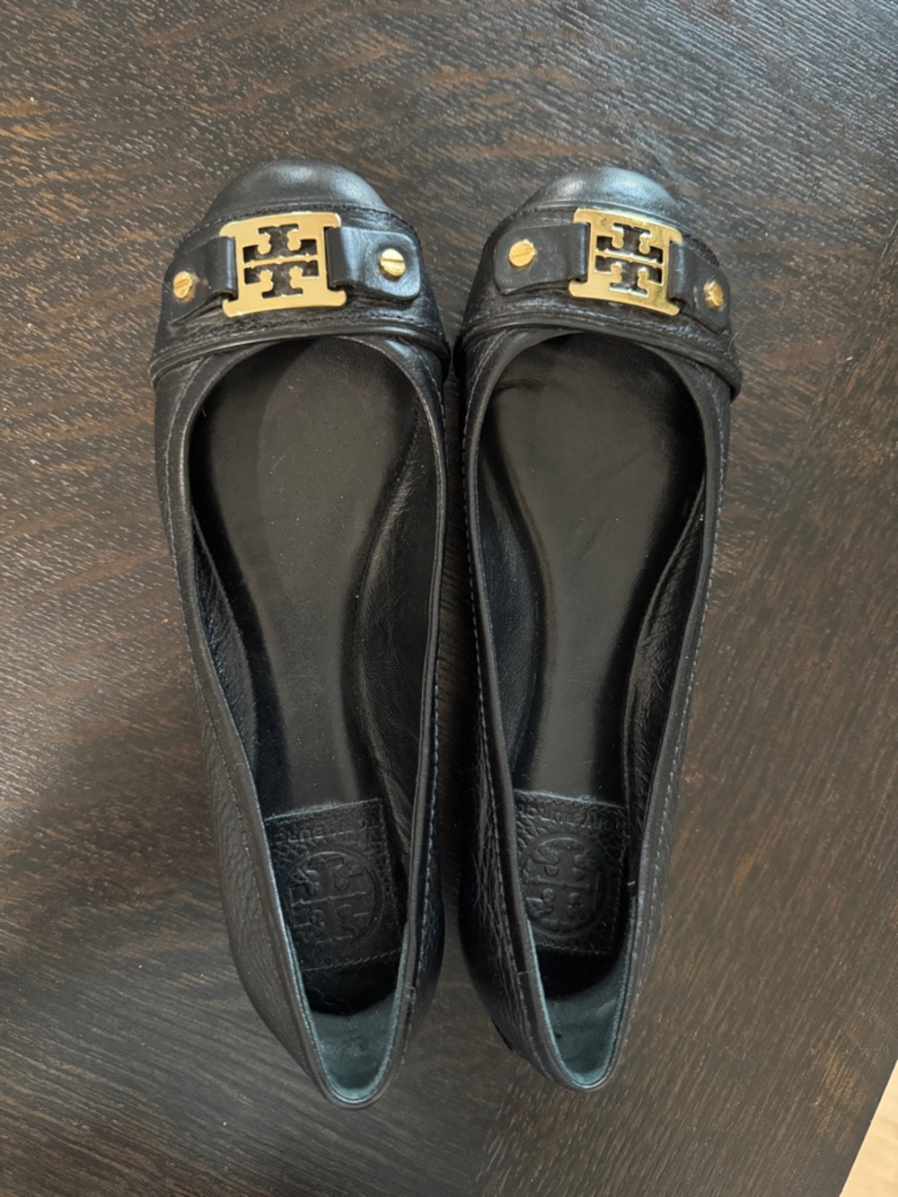 Tory Burch Black Leather Ballet Flats with Gold Logo Hardware